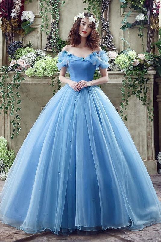 Princess Ball Gown Off Shoulder Blue Long Prom Dress,Quinceanera Dresses ING46