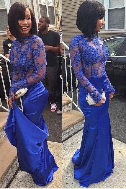 Mermaid Royal Blue Long Sleeves See Through Long Prom Dresses INH54