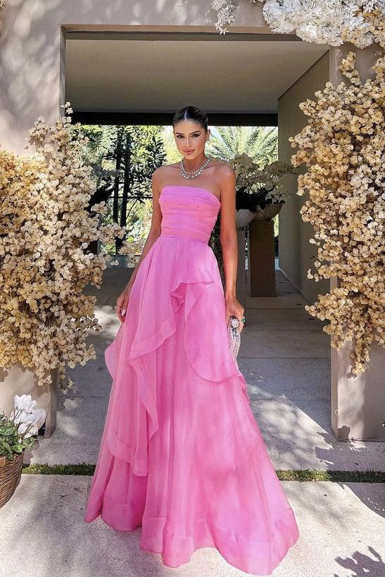 Pink Strapless Princess Tulle Layers Ruffles Long Prom Dress, Pink Formal Evening Dress US 14 / Custom Color