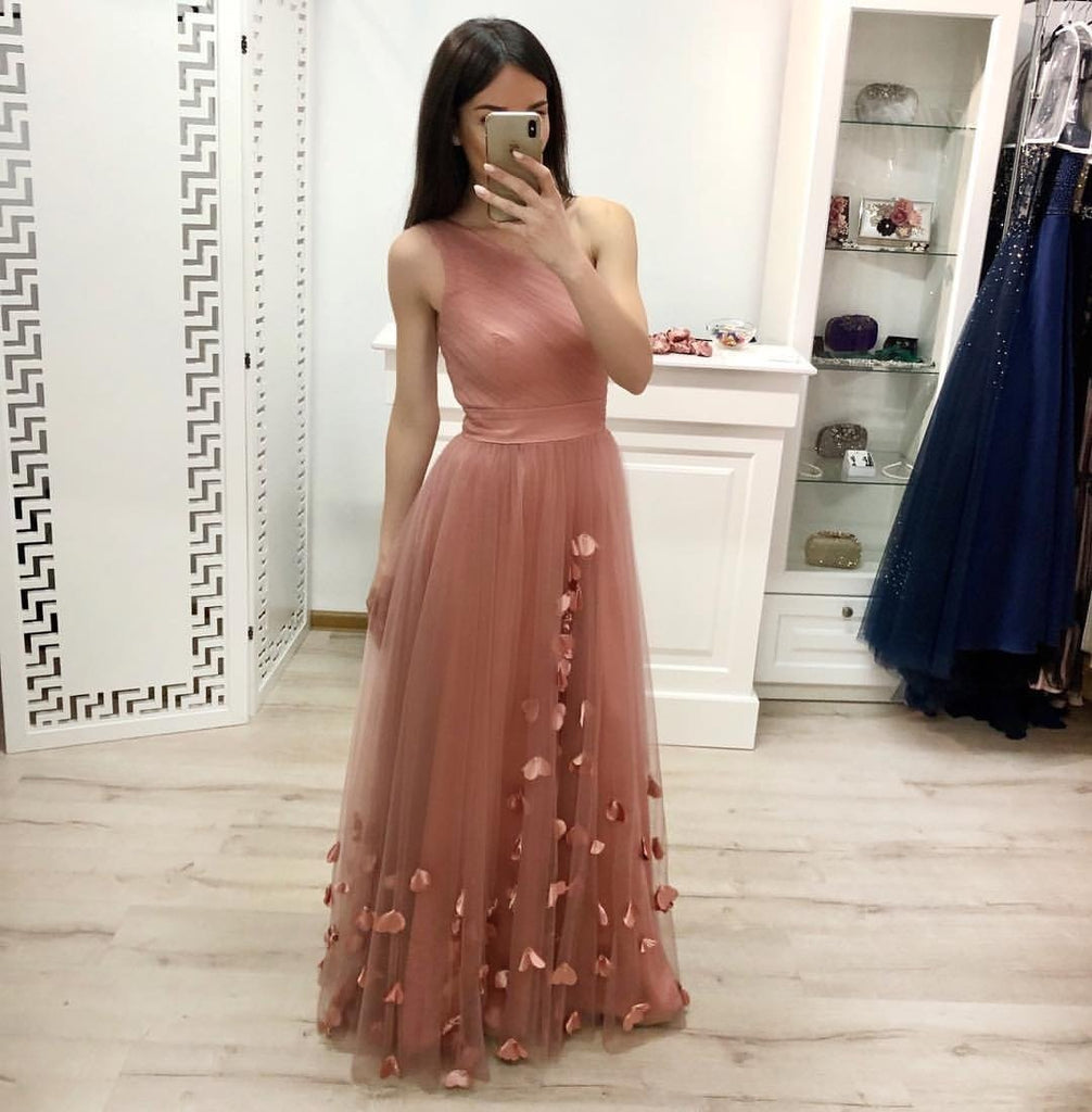 One Shoulder A Line Tulle Floor Length Prom Dresses Cheap Long Evening Dress INJ23