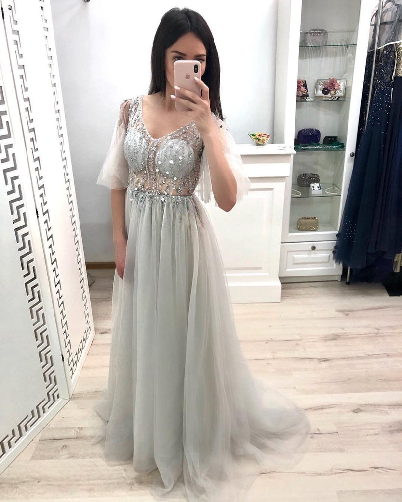 A Line V Neck Short Sleeves Prom Dresses, Long Tulle Prom Gown INK26
