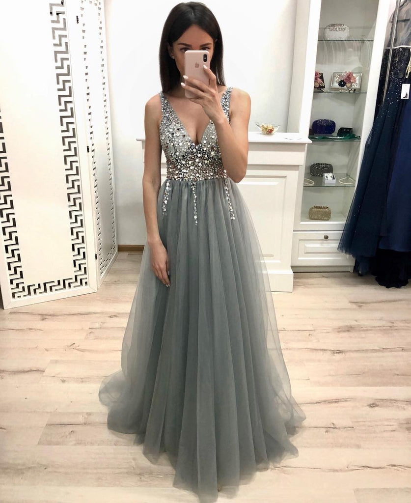 New A Line V Neck Grey Prom Dresses, Beaded Sequins Prom Dress INK22