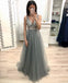 New A Line V Neck Grey Prom Dresses, Beaded Sequins Prom Dress INK22