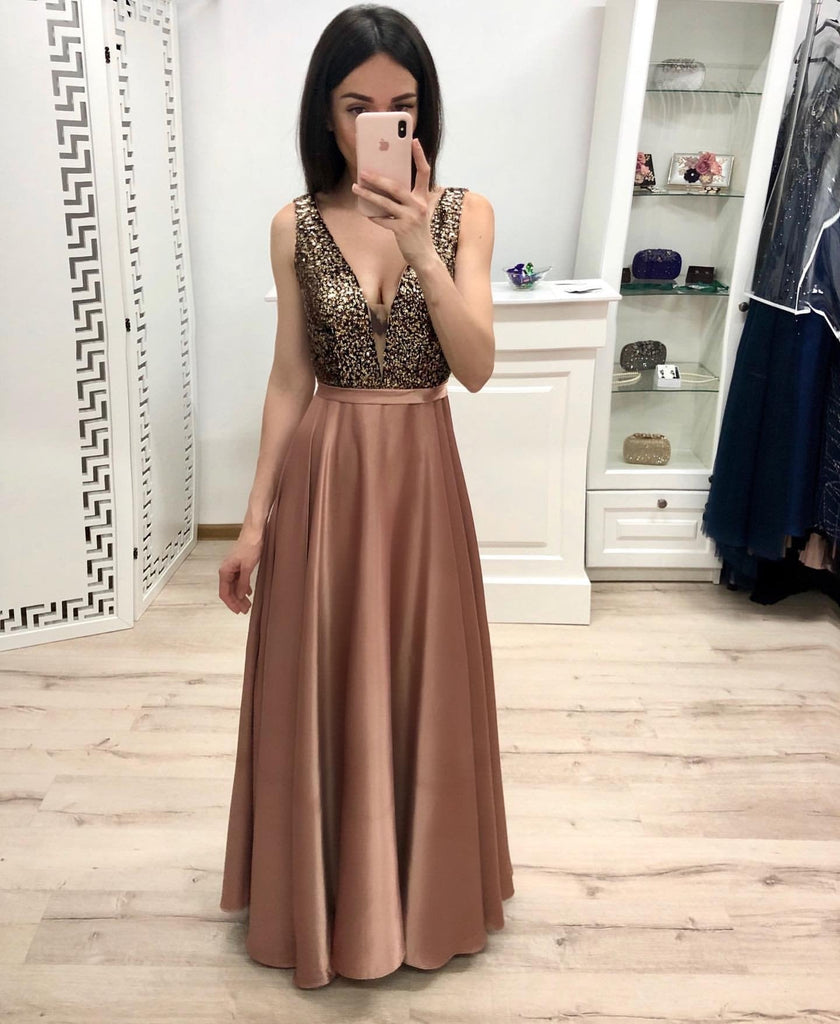 Sexy A Line Long V Neck Prom Dresses With Beads INK57