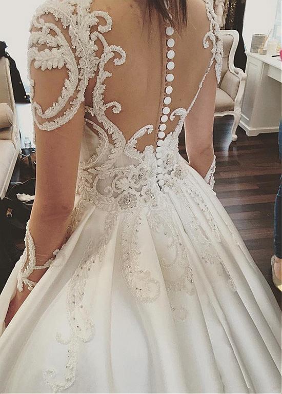Attractive Satin Sheer Jewel Neckline Long Sleeves Wedding Dresses With Lace Appliques IN869