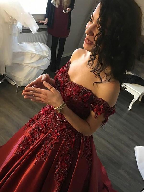 Ball Gown Burgundy Sleeveless Off the Shoulder Lace Applique Prom Dresses INC77