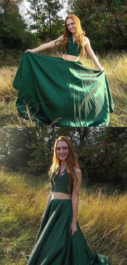 Green Two Pieces A Line Simple Long V Neck Prom Dresses IN966