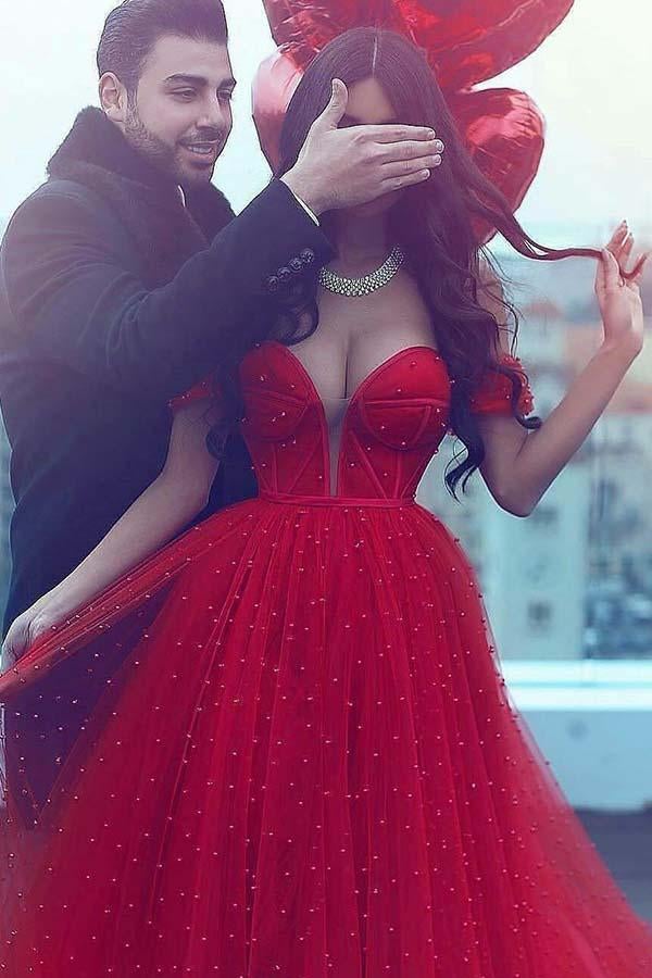 Charming A-Line Off-the-Shoulder Court Train Red Tulle Prom Dress IN915