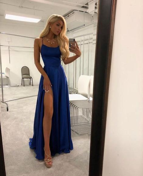 Royal Blue Spaghetti Strap A Line Prom Dress Sexy Long Split Party Dresses INJ90