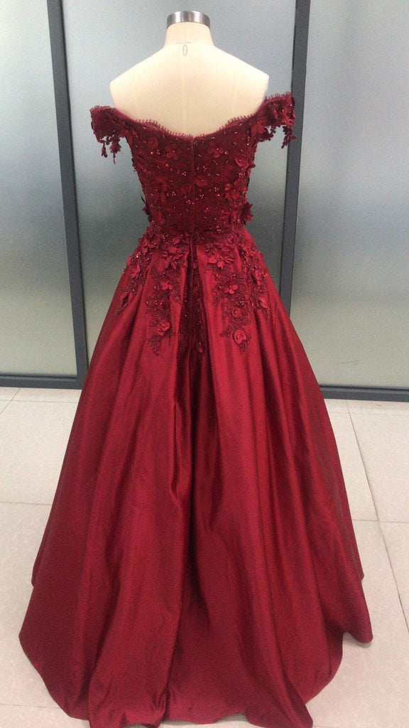 Ball Gown Burgundy Sleeveless Off the Shoulder Lace Applique Prom Dresses INC77