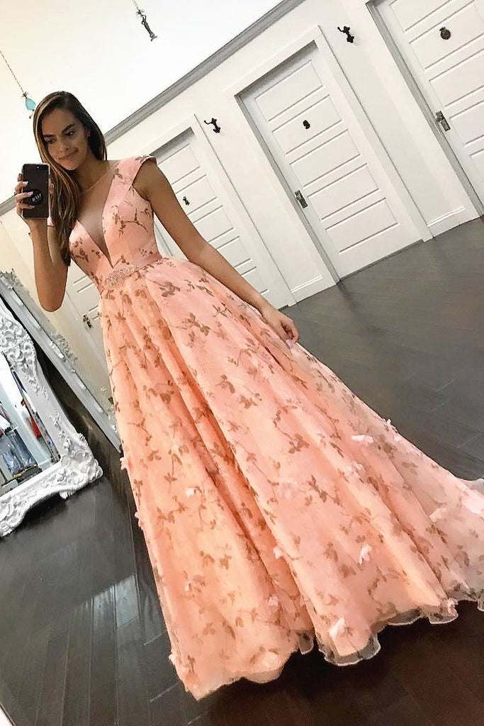 Princess A Line Floral Pink Cap Sleeves Long Prom Dress INK97