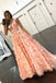 Princess A Line Floral Pink Cap Sleeves Long Prom Dress INK97