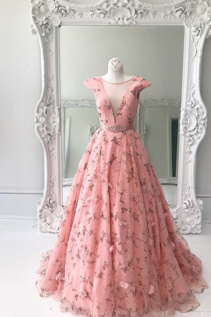 Princess A Line Floral Pink Cap Sleeves Long Prom Dress INK97