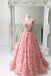 Princess A Line Floral Pink Cap Sleeves Long Prom Dress INK97