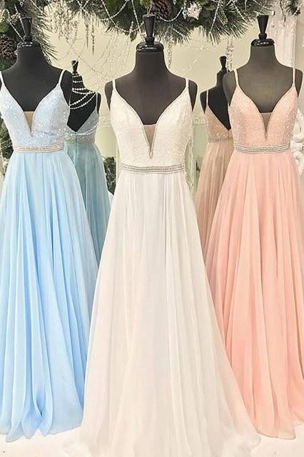 Gorgeous Straps Light Sky Blue Chiffon A Line Long Prom Dress IN984