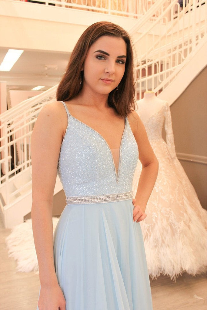 Gorgeous Straps Light Sky Blue Chiffon A Line Long Prom Dress IN984