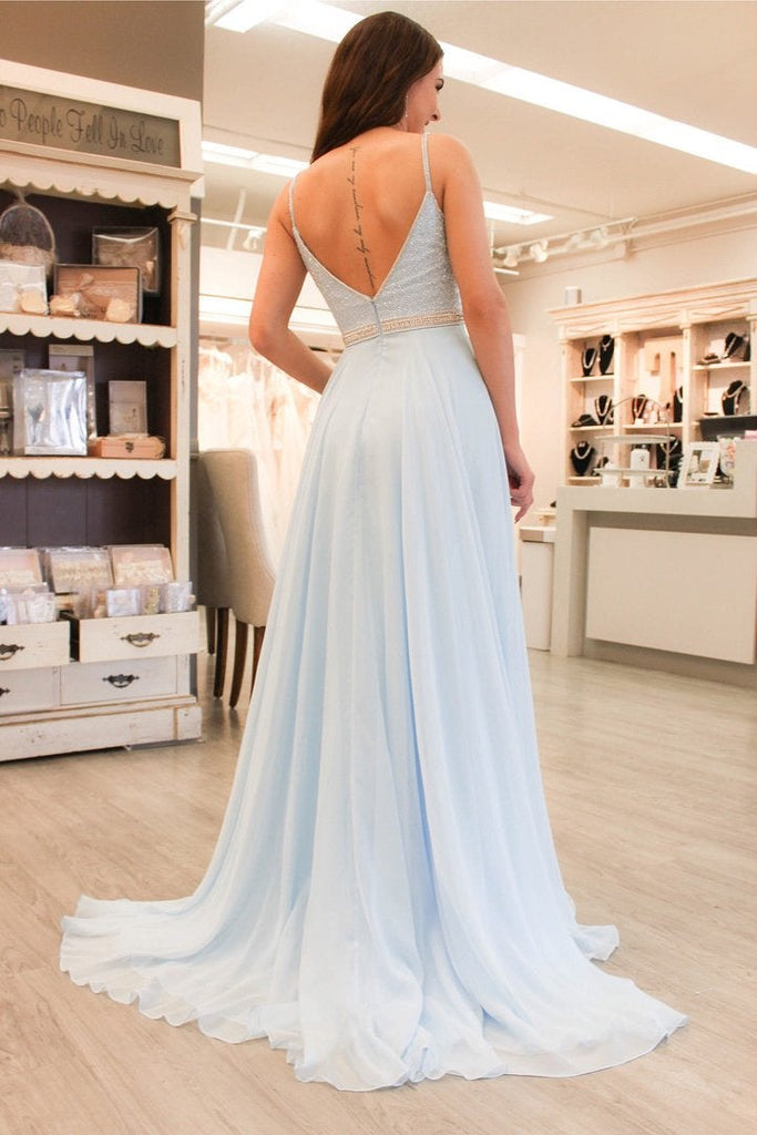 Gorgeous Straps Light Sky Blue Chiffon A Line Long Prom Dress IN984