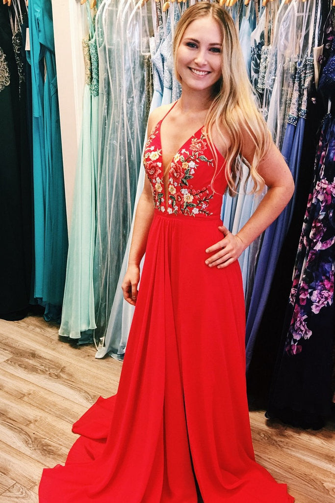 Simple Red White Chiffon Long Floral Prom Dress with Side Slit IN964
