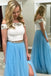 Two Piece Off the Shoulder Pink Blue Long Lace Beading Prom Dress with Side Slit IN968