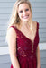 Princess Beading A Line V Neck Red Chiffon Long Prom Dress with Side Slit IN967