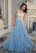 Princess Strapless Sky Blue Long Tulle A Line Prom Dress with White Lace IN950
