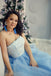 Princess Strapless Sky Blue Long Tulle A Line Prom Dress with White Lace IN950