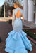 Elegant Long Sleeves Mermaid Blue Lace Layered Prom Dress with Open Back INA36