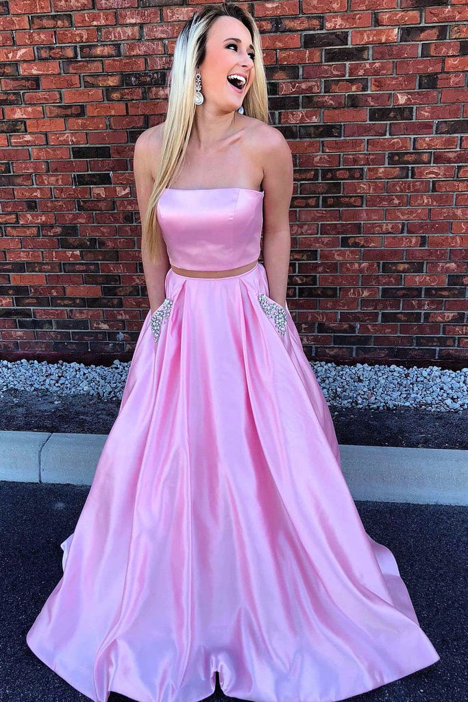 Strapless Two Piece Pink Long Beaded Prom Dress with Pockets INL5