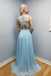 Elegant A-line Blue Chiffon Long Lace Appliques Prom Dress INA9