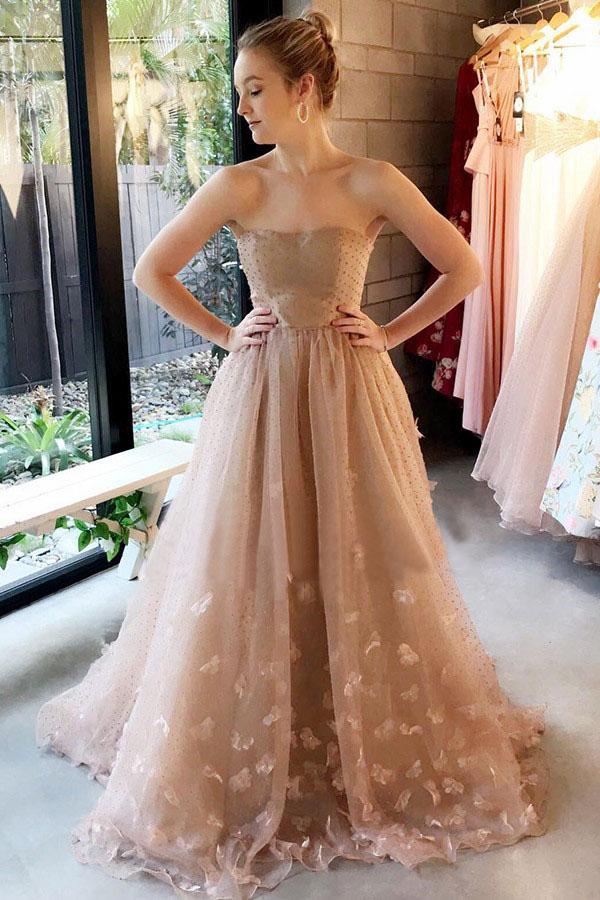 Strapless Light Brown Tulle Appliques Long Elegant Prom Dress INL7