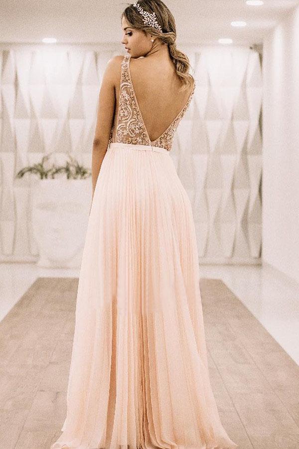 Pearl Pink V Back Appliques Long Prom Evening Dress INK74