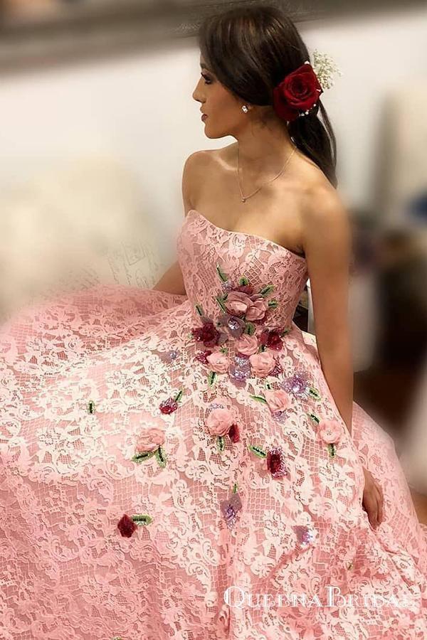Strapless Pink Lace Long Ball Gown with Floral Embroidery Cheap Prom Dresses INJ33