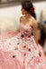 Strapless Pink Lace Long Ball Gown with Floral Embroidery Cheap Prom Dresses INJ33