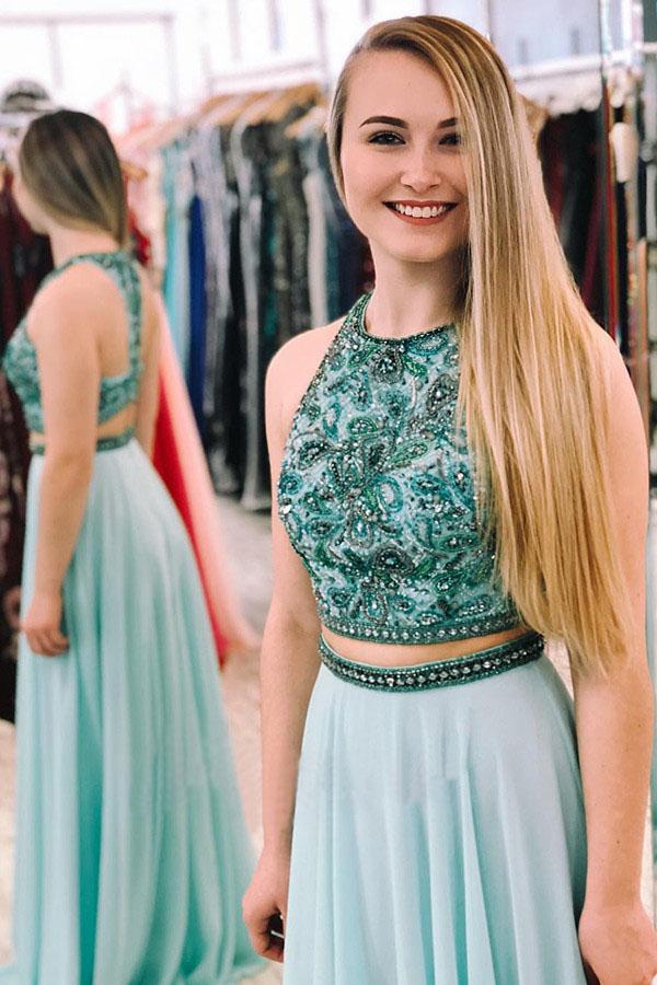 Two Piece Sage Chiffon Beading Long Cheap Prom Dress INK87
