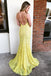 Spaghetti Straps Mermaid Yellow Lace Long Prom Dress with Slit INL93