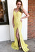 Spaghetti Straps Mermaid Yellow Lace Long Prom Dress with Slit INL93
