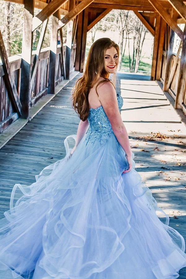Charming Strapless Blue Ruffles Long Prom Dress with Appliques INL9