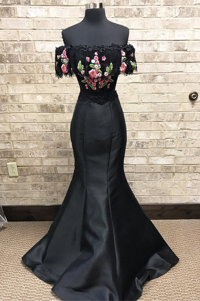 Mermaid Two Piece Embroidery Black Long Prom Dress INL6