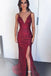 Burgundy Mermaid Sequin Prom Dresses, Spaghetti Straps Prom Gown INK34