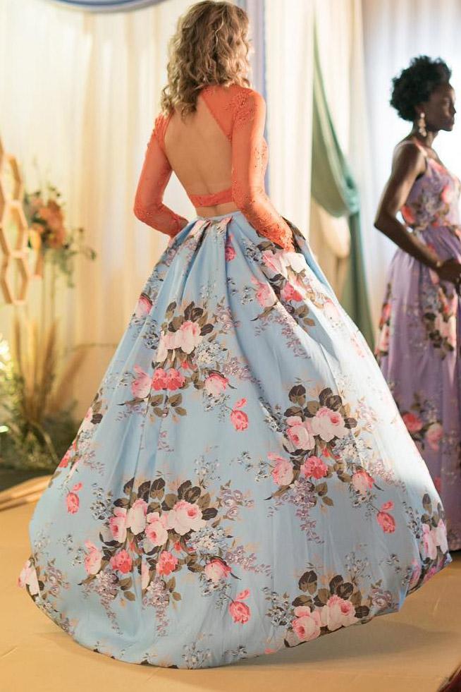 Two Pieces Long Sleeves Prom Dresses, Floral Print Prom Gown With Pockets INK32