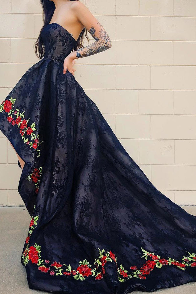 Strapless Embroidery Floral Hi-Low Black Prom Dress with Train INK85