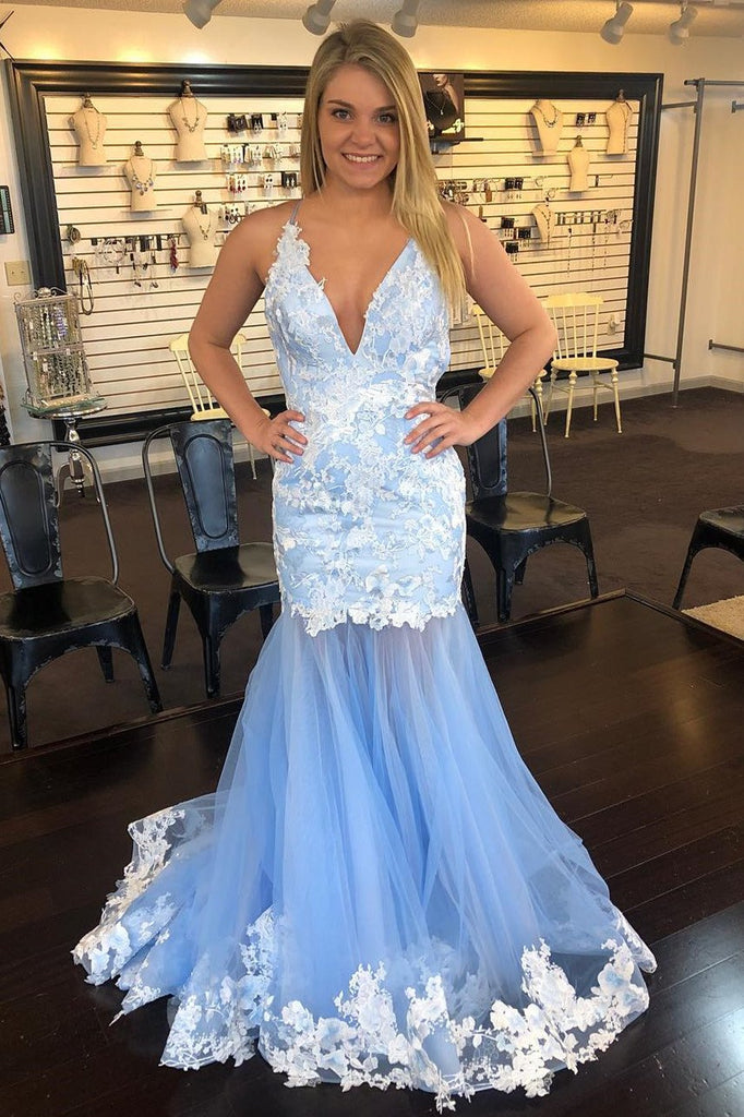 Mermaid V-Neck Tulle Long Prom Dress with Lace Appliques INK81