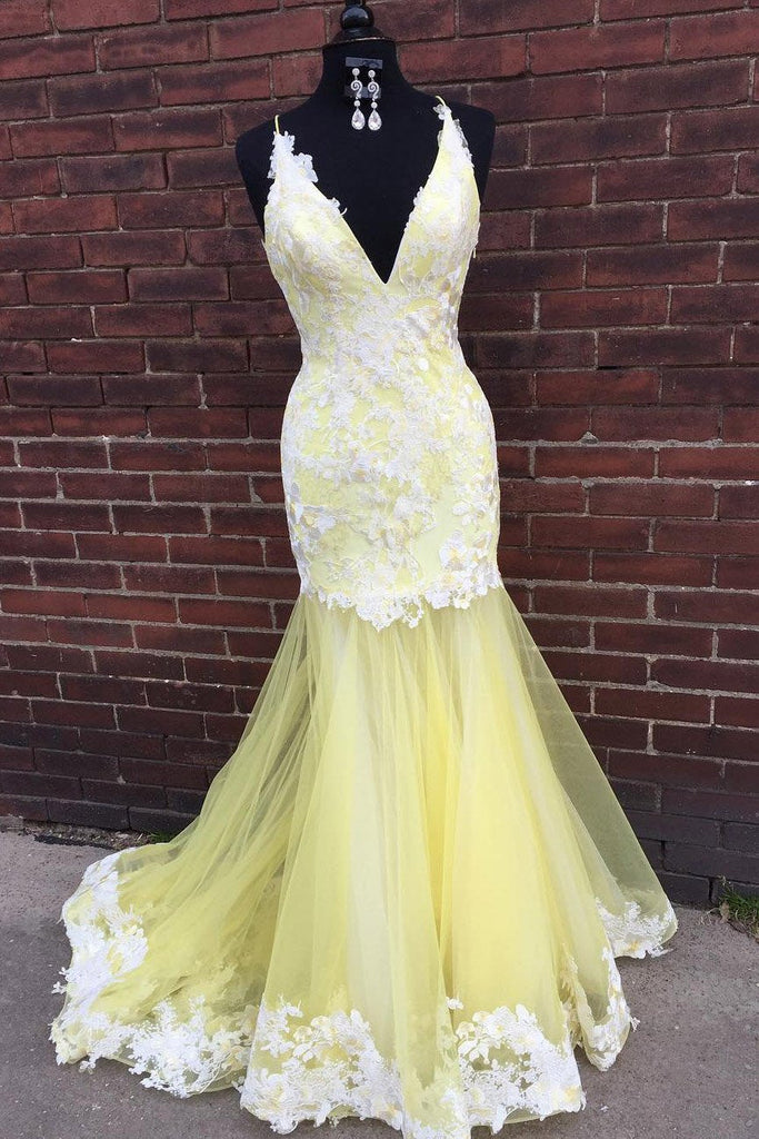 Mermaid V-Neck Tulle Long Prom Dress with Lace Appliques INK81