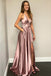 A Line Pink Spaghetti Straps Long Split Prom Dresses With Pockets INK35