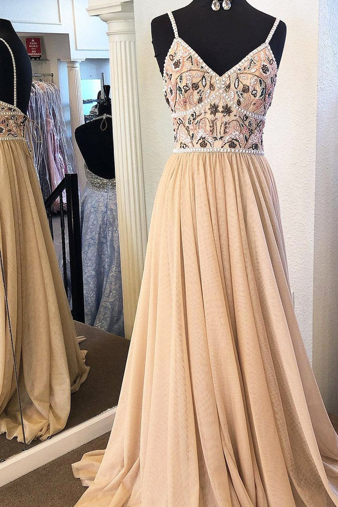 Spaghetti Straps Beading A Line Prom Dress with Appliques INK76