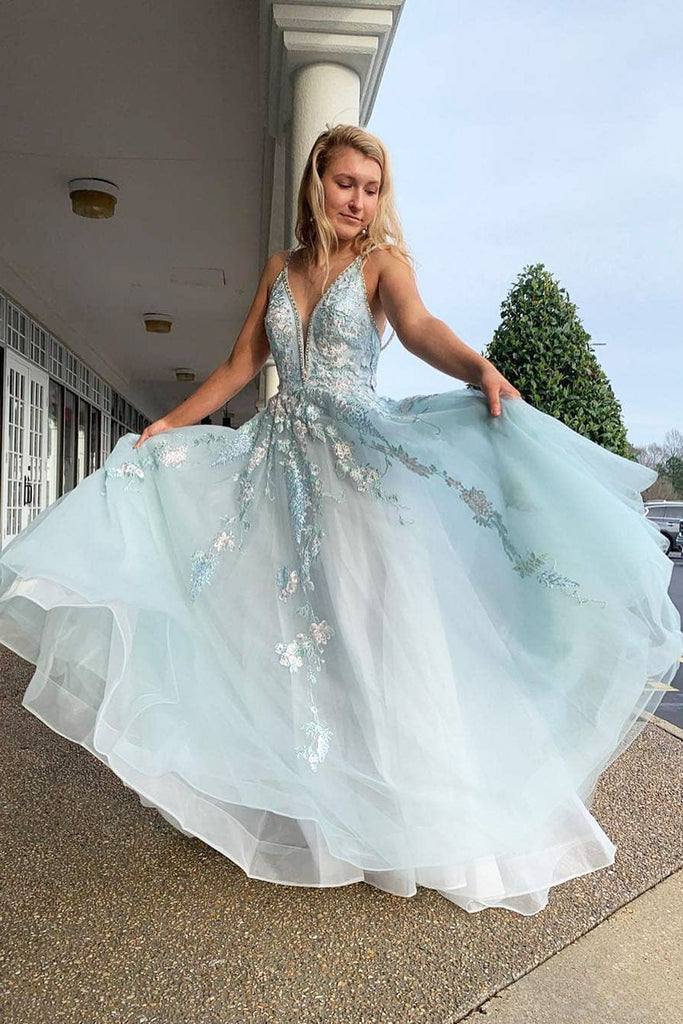 Spaghetti Straps Floral Appliques Long Prom Dress With Beading INK77