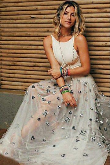 Appliqued See-Through Ivory Backless Long Prom Dress INL95
