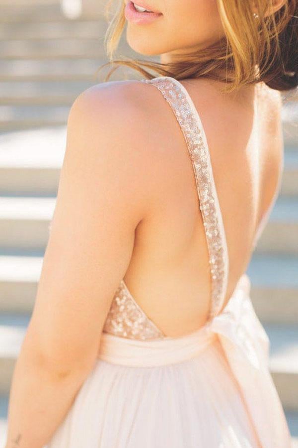 Unique Long Chiffon Sequin V-neck Backless Prom Dresses INA8