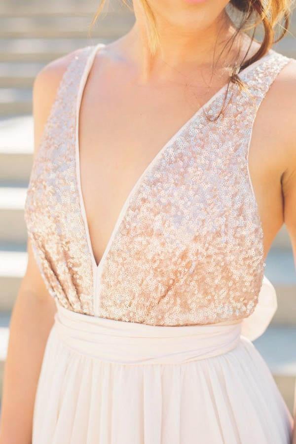 Unique Long Chiffon Sequin V-neck Backless Prom Dresses INA8