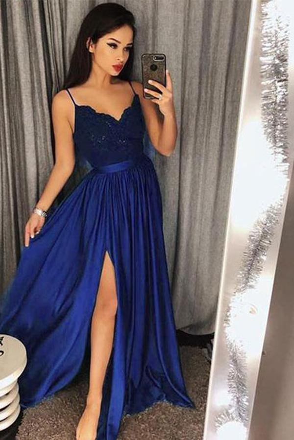 Dark Green Spaghetti Straps Split Lace Long Prom Dress IN949